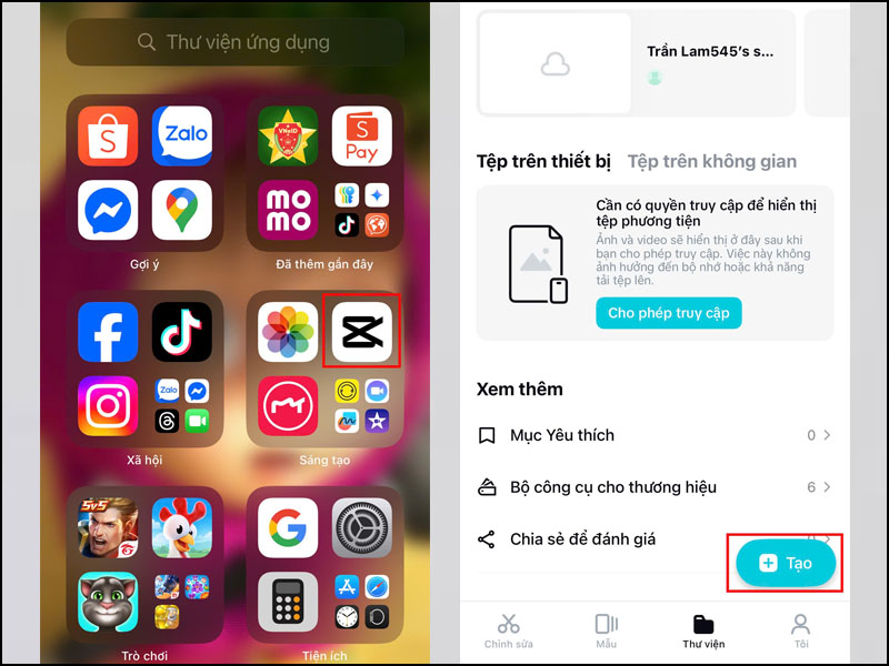 Nhấn vào mục Tạo tại tab Thư viện