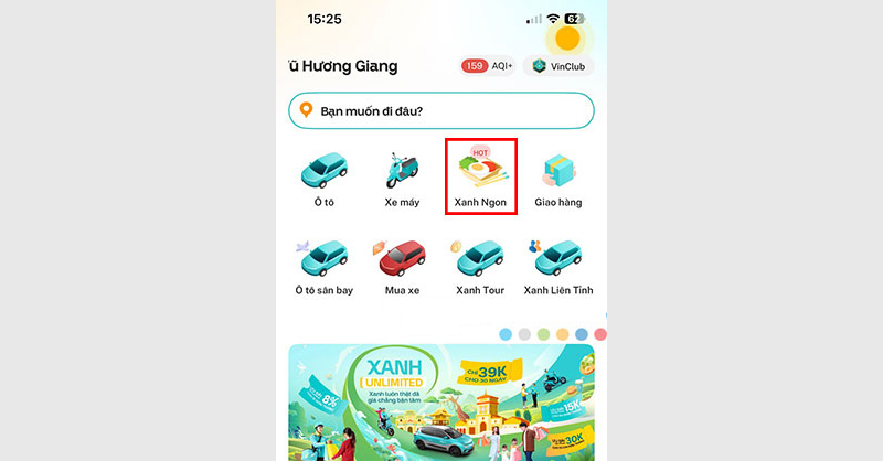 Từ giao diện chính của Xanh SM chọn vào Xanh Ngon