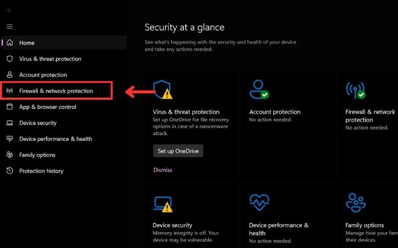 Nhấn vào tùy chọn Firewall & network protection