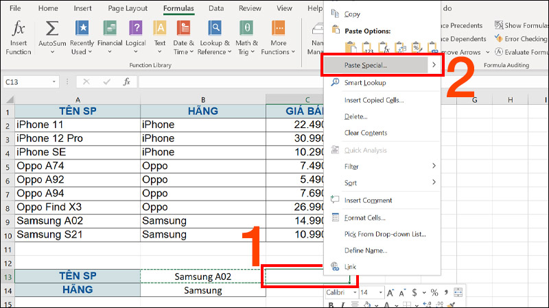 Chọn ô muốn dán Drop List, nhấn chuột phải chọn Paste Special
