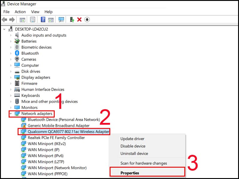 Chọn Network adapters, Driver WiFi, nhấn chuột phải và chọn Properties