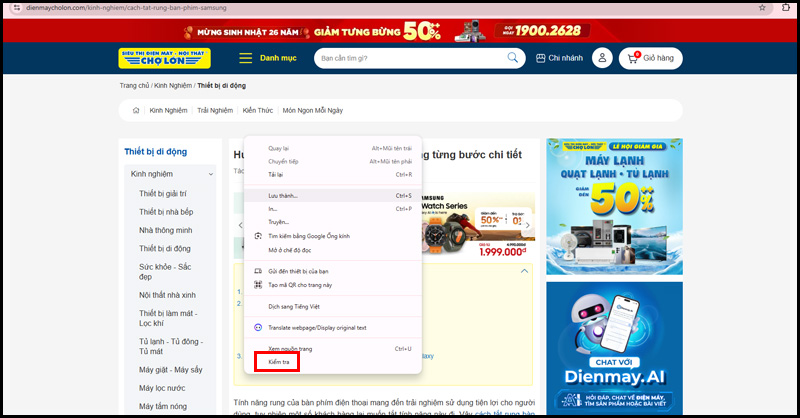 Mở trang web có nội dung cần copy, nhấn chuột phải và chọn Kiểm tra
