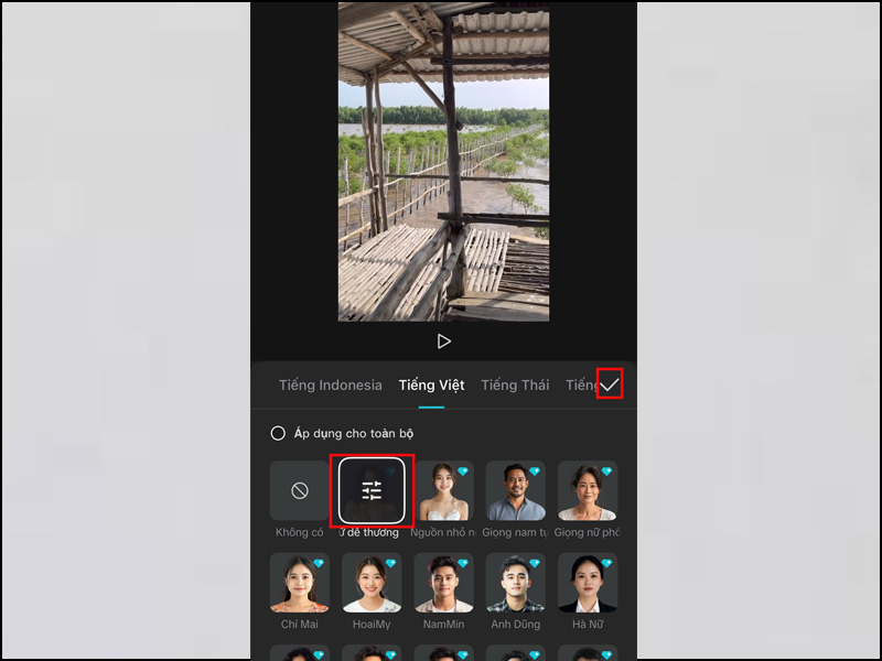 Chọn dấu check để lưu lại giọng đọc cho văn bản trong video