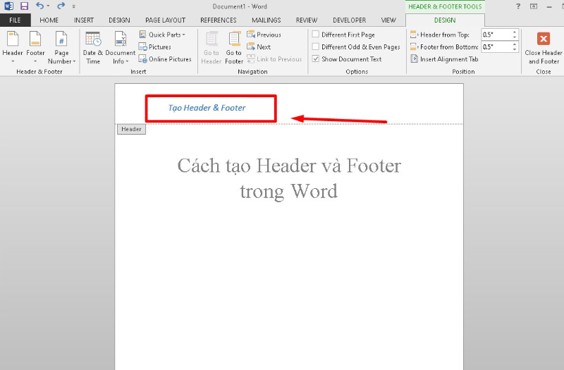 Chọn khu vực Header hoặc Footer muốn xóa