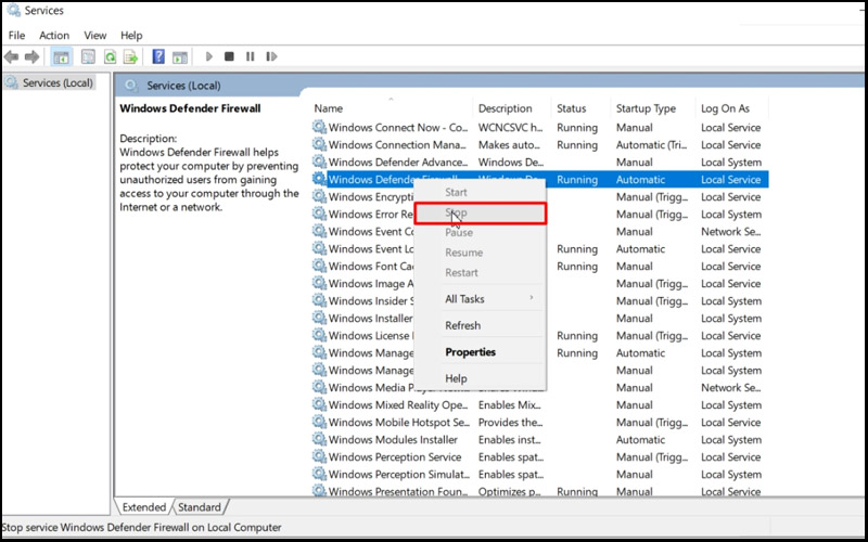 Chọn mục Windows Defender Firewall, nhấn Stop để tắt tường lửa