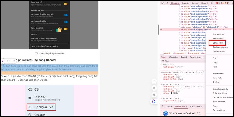 Chọn vùng cần copy, edit HTML và copy