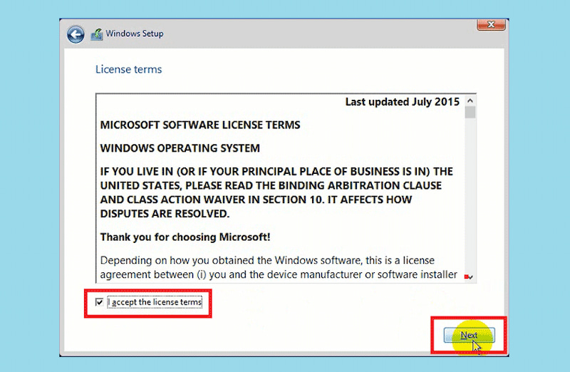 Chọn mục I accept the license term