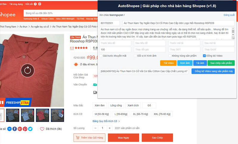 Nhấn vào biểu tượng Auto Shopee trên trình duyệt > Chọn “Tải video”