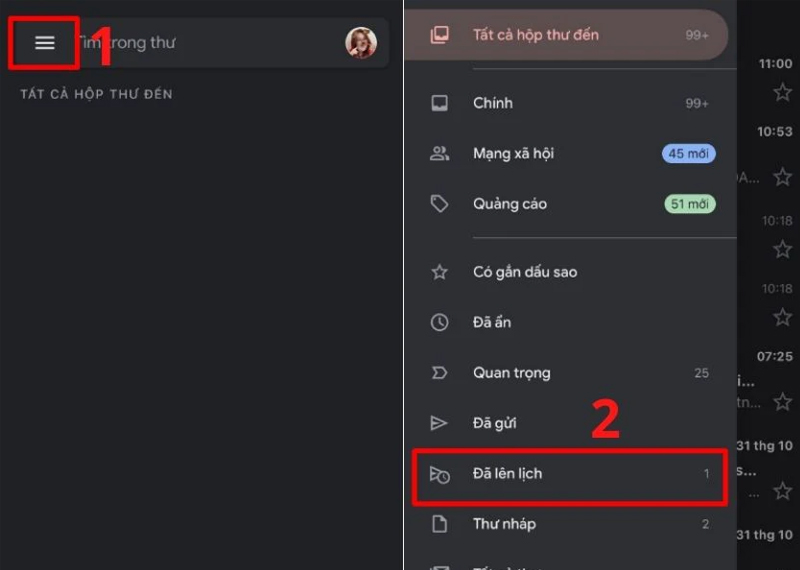 Mở Gmail trên điện thoại và chọn vào Đã lên lịch