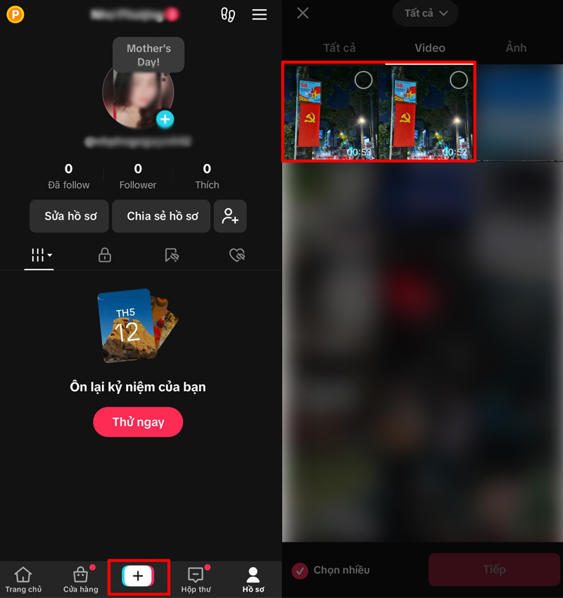 Mở TikTok và nhấn vào biểu tượng dấu + sau đó thêm video