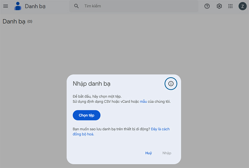 Bạn nhấn vào "Chọn tệp" (Select file) để tìm và tải lên tệp danh bạ của bạn