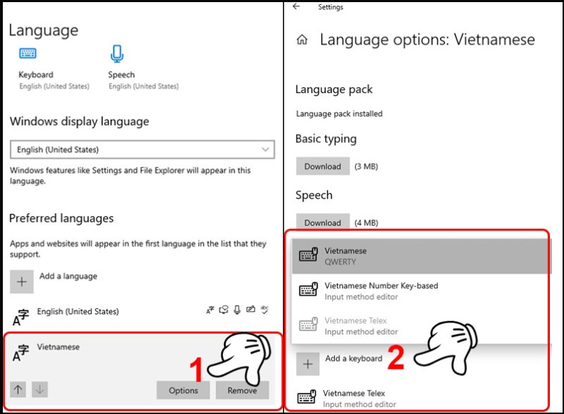 Chọn Vietnamese > Chọn Option