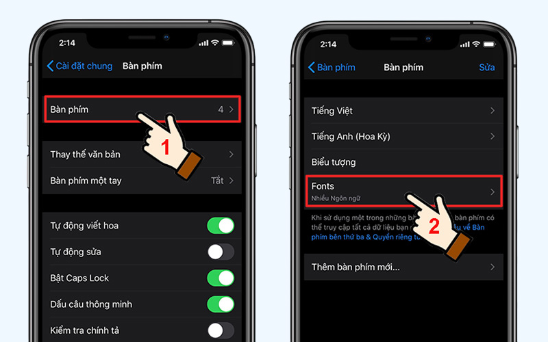 Chọn Fonts sau khi nhấn vào mục Bàn phím