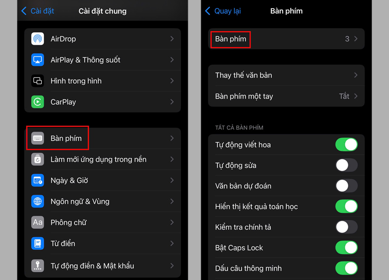 Chọn mục Bàn phím