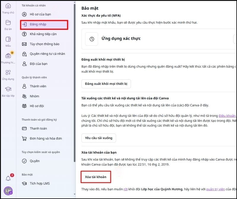 Chọn Xóa tài khoản 