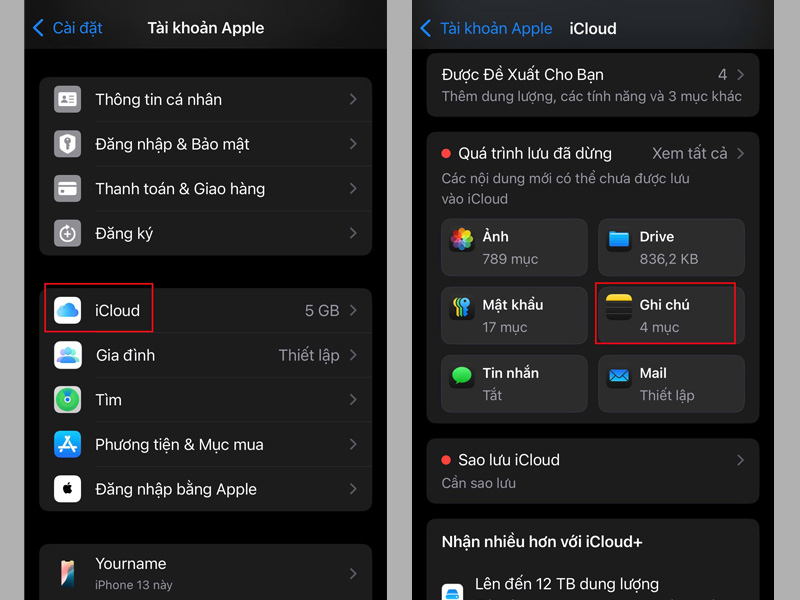 Chọn iCloud và nhấn vào mục Ghi chú 