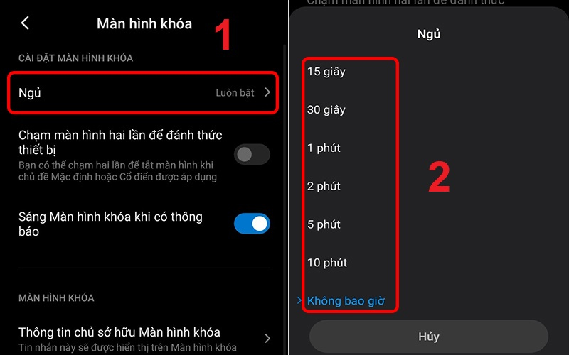 Chọn thời gian tắt màn hình tại mục Ngủ