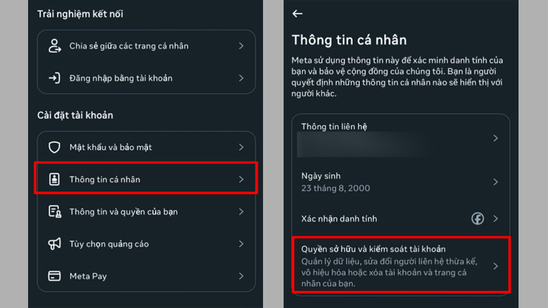 Chọn Thông tin các nhân, Quyền sở hữu và kiểm soát tài khoản