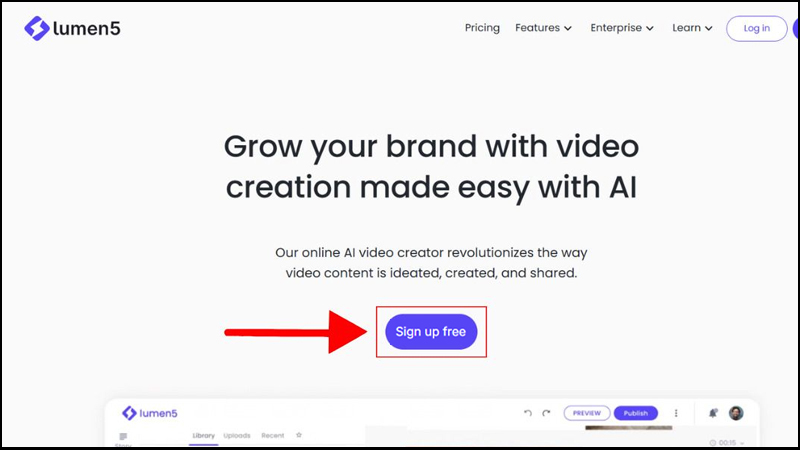 Chọn mục Sign up free để tạo tài khoản Lumen5