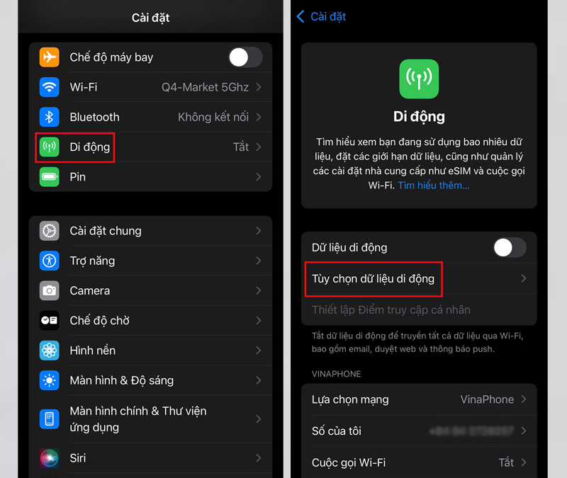 Chọn Di động, sau đó nhấn vào mục Tùy chọn dữ liệu di động