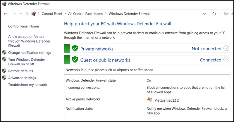 Chọn mục Windows Defender Firewall