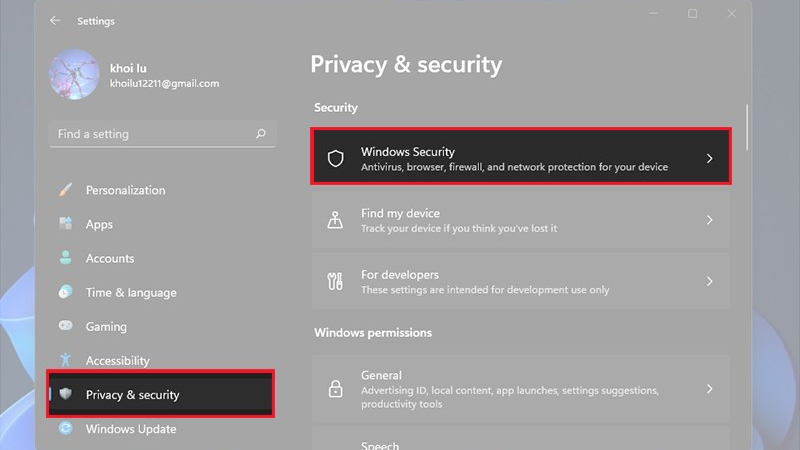 Chọn Privacy & Security, sau đó nhấn vào mục Windows Security
