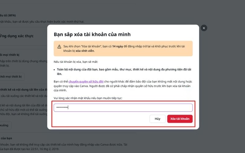 Nhập mật khẩu và chọn Xóa tài khoản 