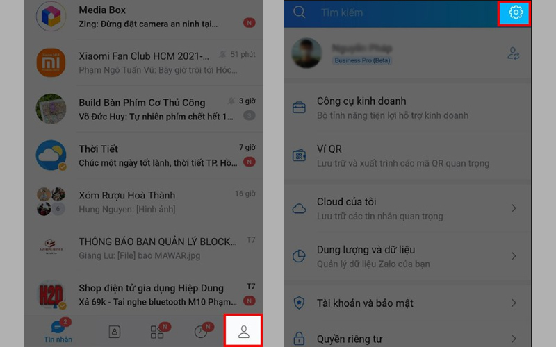 Chọn biểu tượng Cài đặt tại giao diện Cá nhân