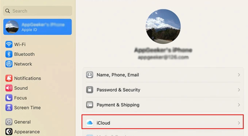 Chọn mục iCloud