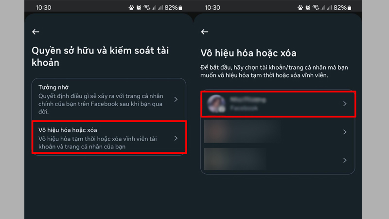 Click vào tài khoản Facebook muốn vô hiệu hóa