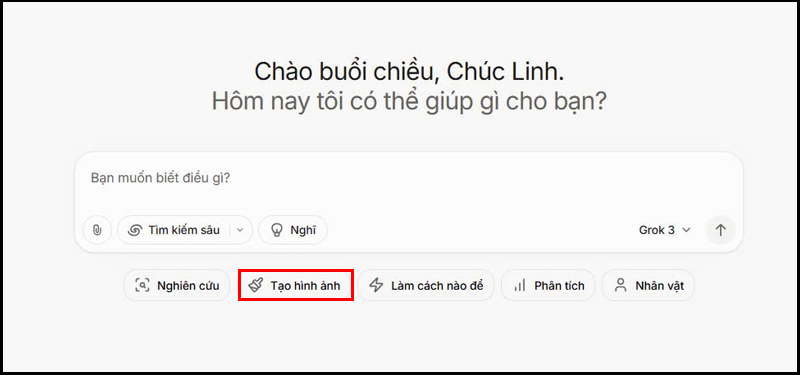 Chọn mục Tạo hình ảnh trên trang chủ Grok 3