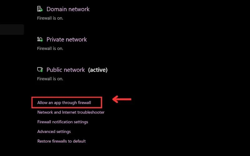 Chọn mục Allow another app through firewall