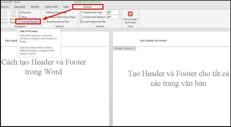 Chọn Link to Previous để hủy liên kết với phần Header/Footer 