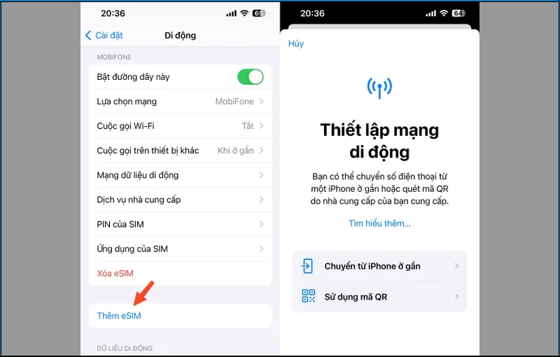 Nhấn vào tùy chọn Thêm eSIM