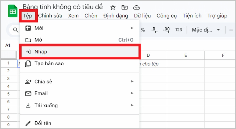 Chọn Nhập tại trang tính mới