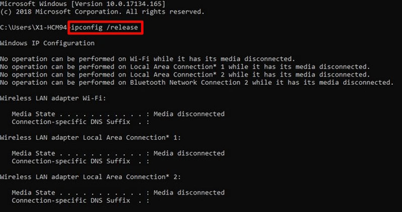 Nhập ipconfig /release và nhấn Enter