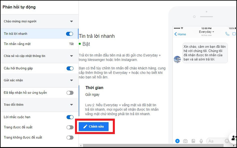 Chọn Chỉnh sửa để bắt đầu nhập nội dung cho tin nhắn trả lời tự động
