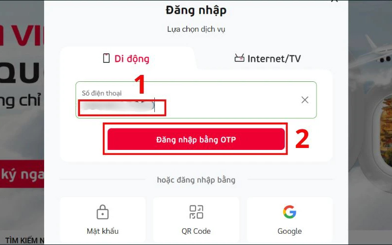 Nhấn vào tùy chọn Đăng nhập bằng OTP