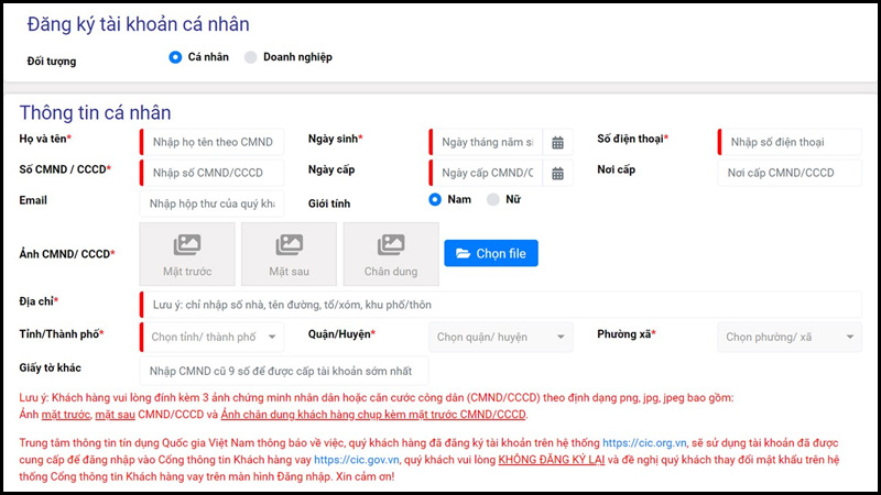 Đăng ký tài khoản để kiểm tra nợ xấu