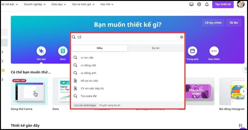 Tìm kiếm mẫu CV ưng ý trên Canva