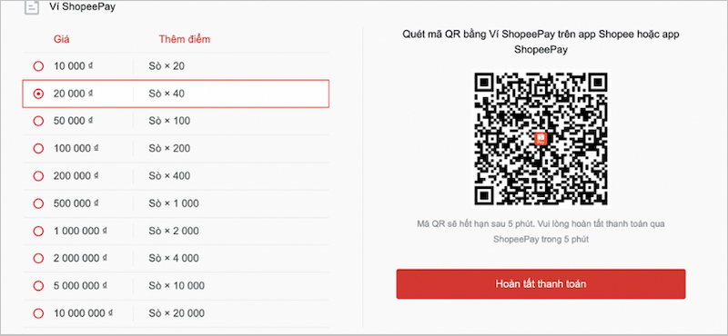 QR thanh toán thẻ game qua ShopeePay