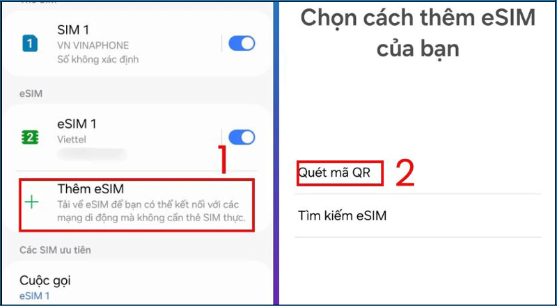 Chọn Thêm eSIM và tiến hành quét mã QR để thêm 