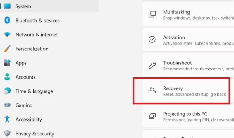 Chọn mục Recovery