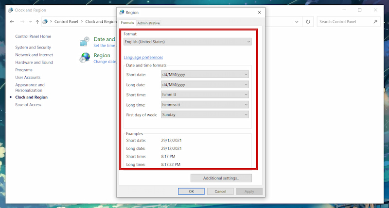 Sử dụng Control Panel định dạng ngày tháng năm trong Excel 