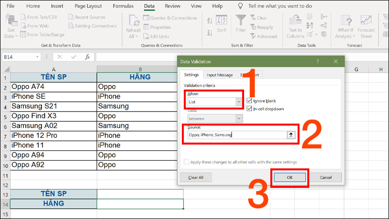 Nhấn OK để hoàn tất tạo List trong Excel bằng cách nhập tay