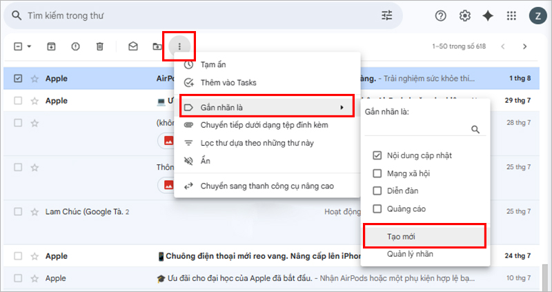 Tạo nhãn từ một email đã chọn