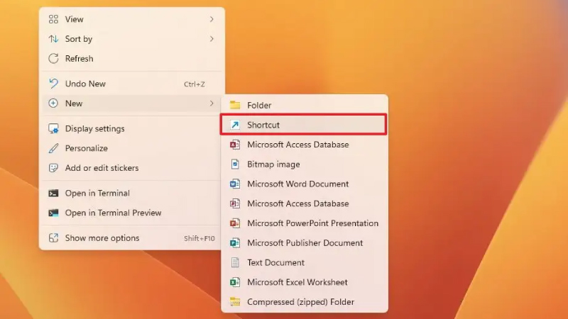 Tạo Shortcut mới