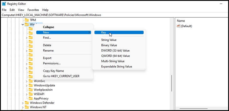 Tìm AppPrivacy trong Windows key nếu không có thì cần tạo mới