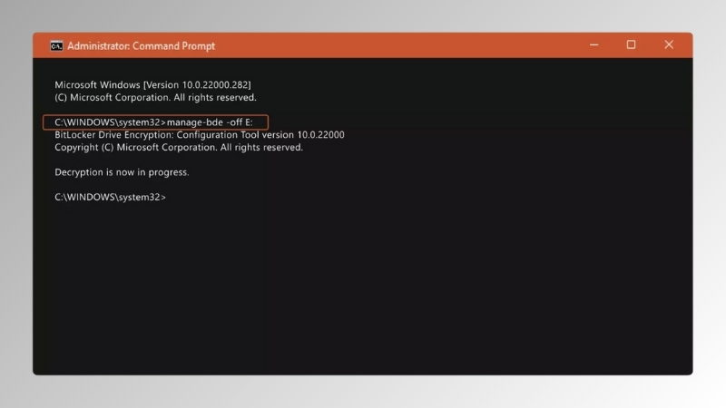 Nhập lệnh để tắt BitLocker trên Windows 11