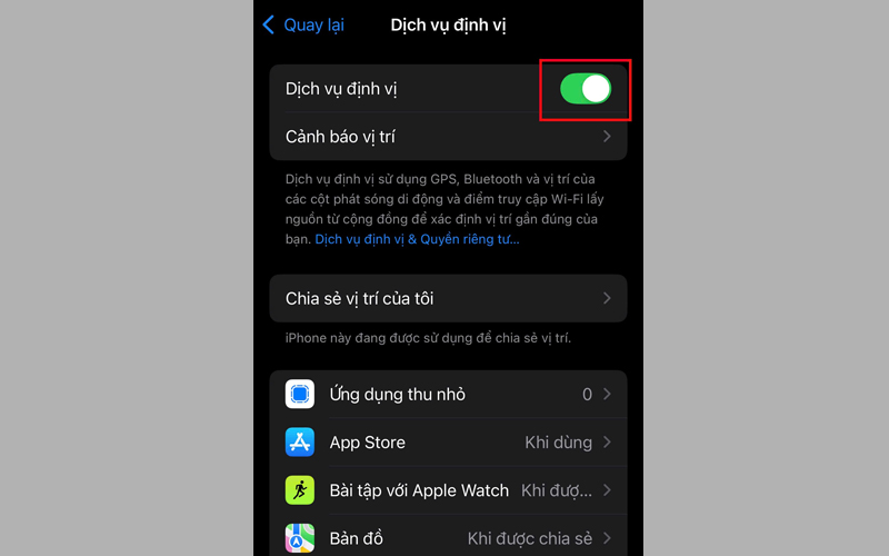 Gạt thanh trượt sang trái để tắt tính năng Dịch vụ định vị và bật lại